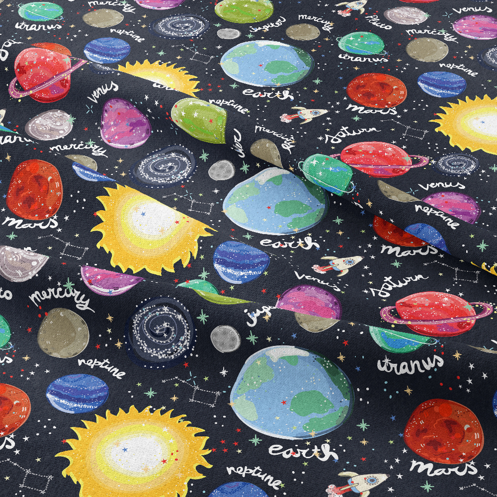 Sun Solar System Planets Spaceship Seamless Patten - Custom Print Fabrics