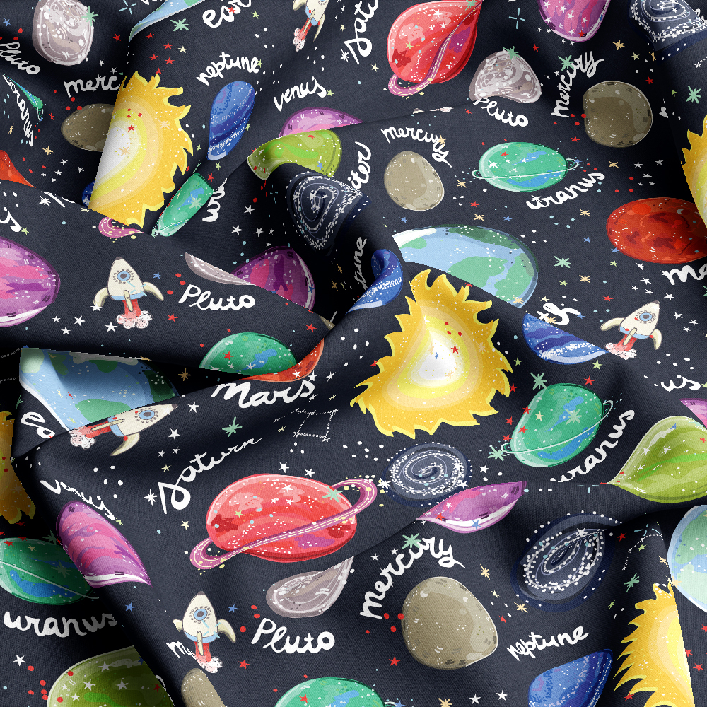 Sun Solar System Planets Spaceship Seamless Patten - Custom Print Fabrics