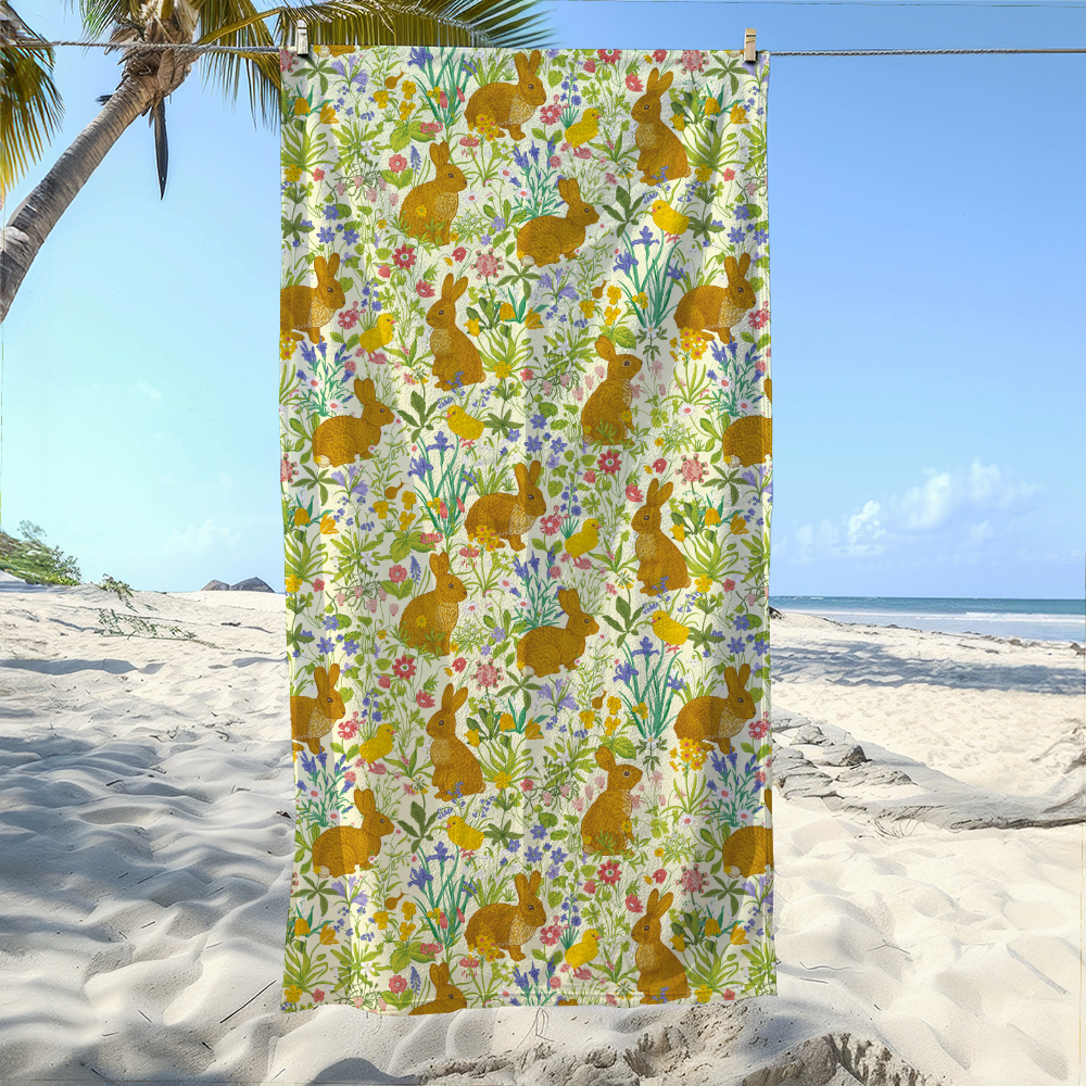 Beach Towel – Bunny Floral Vintage Botanical Illustration Print