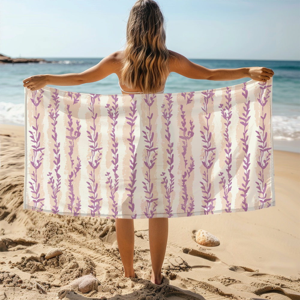 Beach Towel – Minimal Lavender Stripe Botanical Print