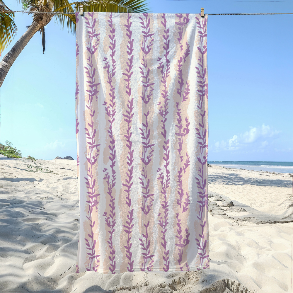 Beach Towel – Minimal Lavender Stripe Botanical Print