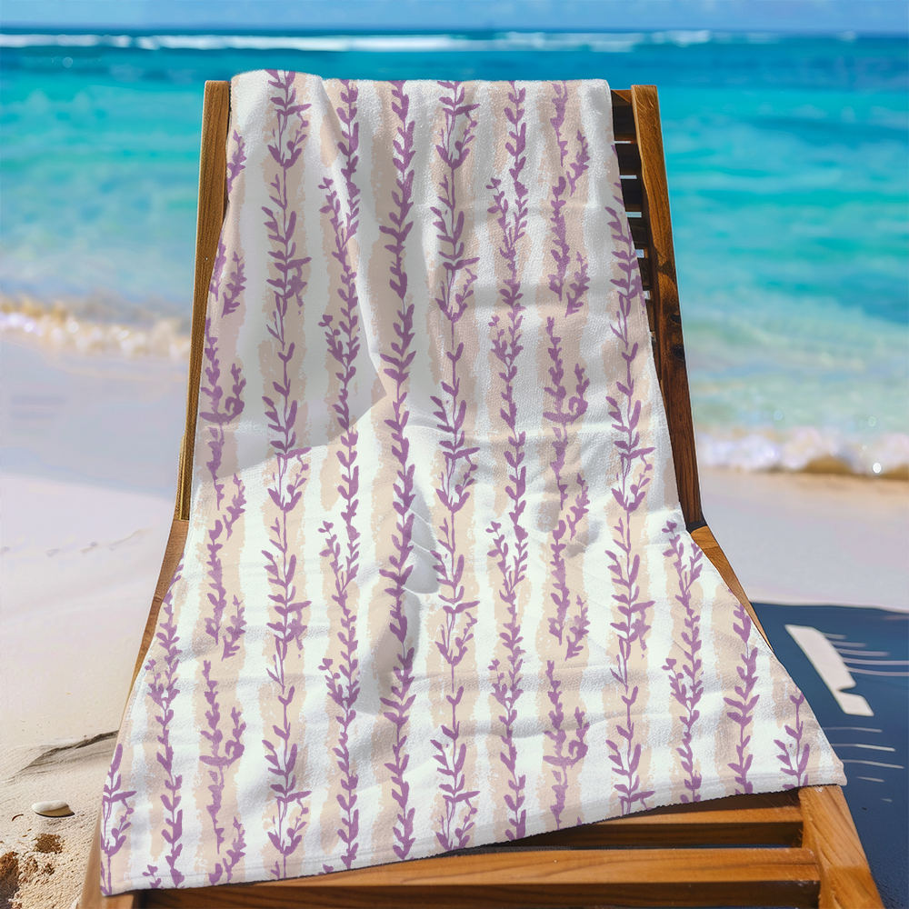 Beach Towel – Minimal Lavender Stripe Botanical Print