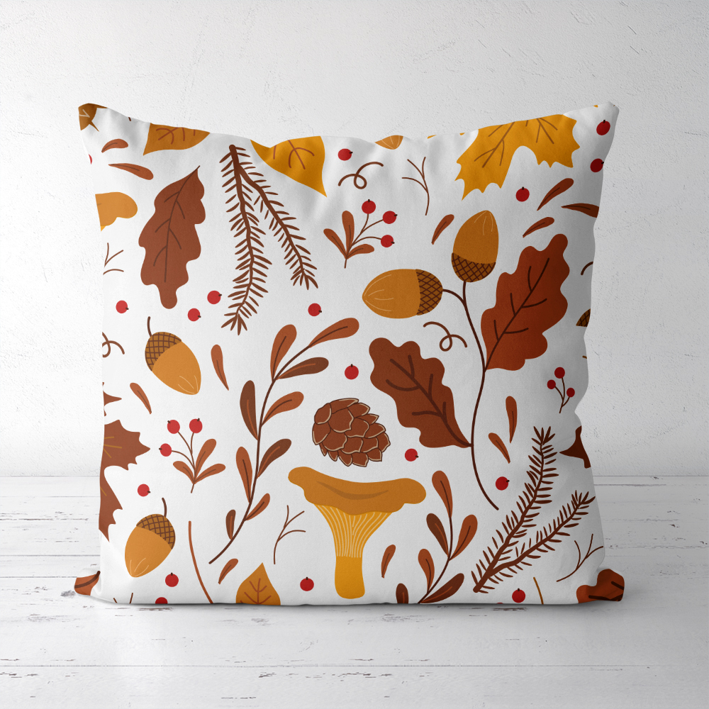 Throw Pillow – Fall Leaves, Mushroom & Acorns Botanical Print