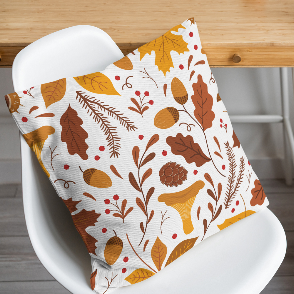 Throw Pillow – Fall Leaves, Mushroom & Acorns Botanical Print