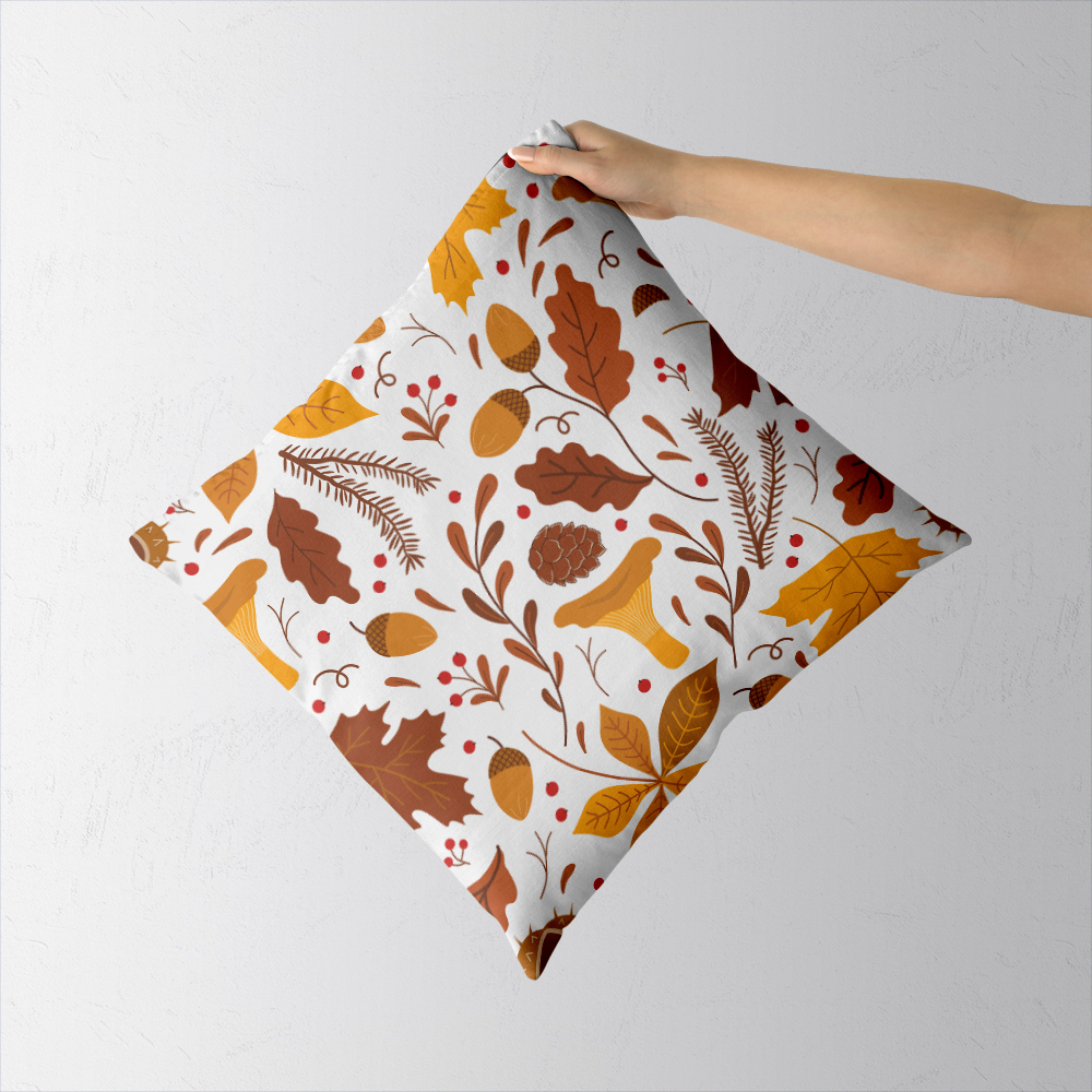 Throw Pillow – Fall Leaves, Mushroom & Acorns Botanical Print