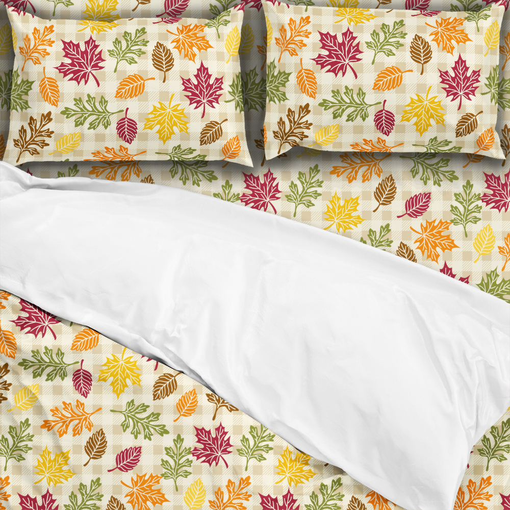 Bedding Set – Autumn Leaves with Plaid Background