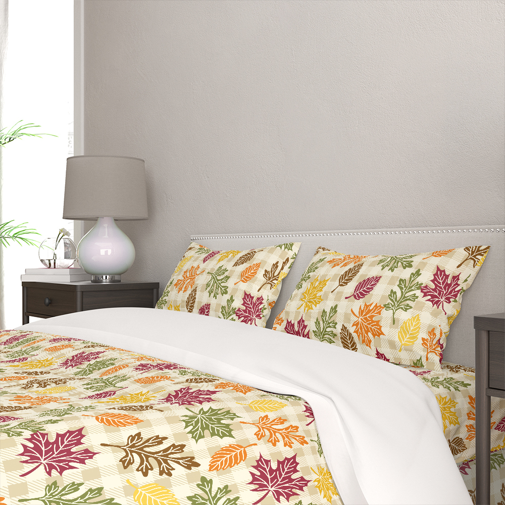 Bedding Set – Autumn Leaves with Plaid Background