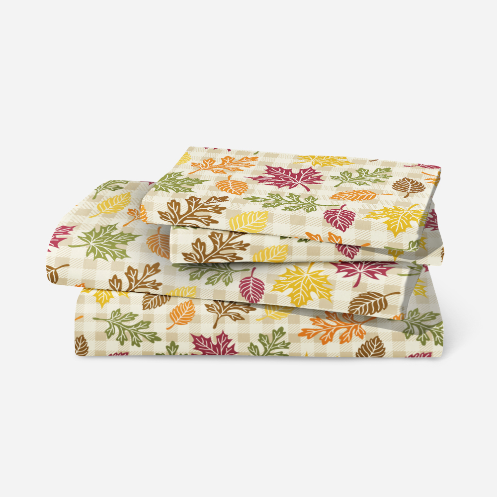 Bedding Set – Autumn Leaves with Plaid Background
