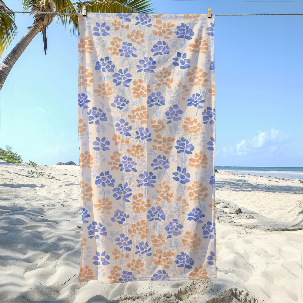 Beach Towel – Cream Background Blue Orange Floral Print