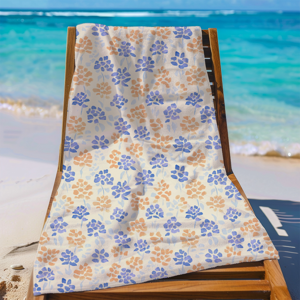 Beach Towel – Cream Background Blue Orange Floral Print