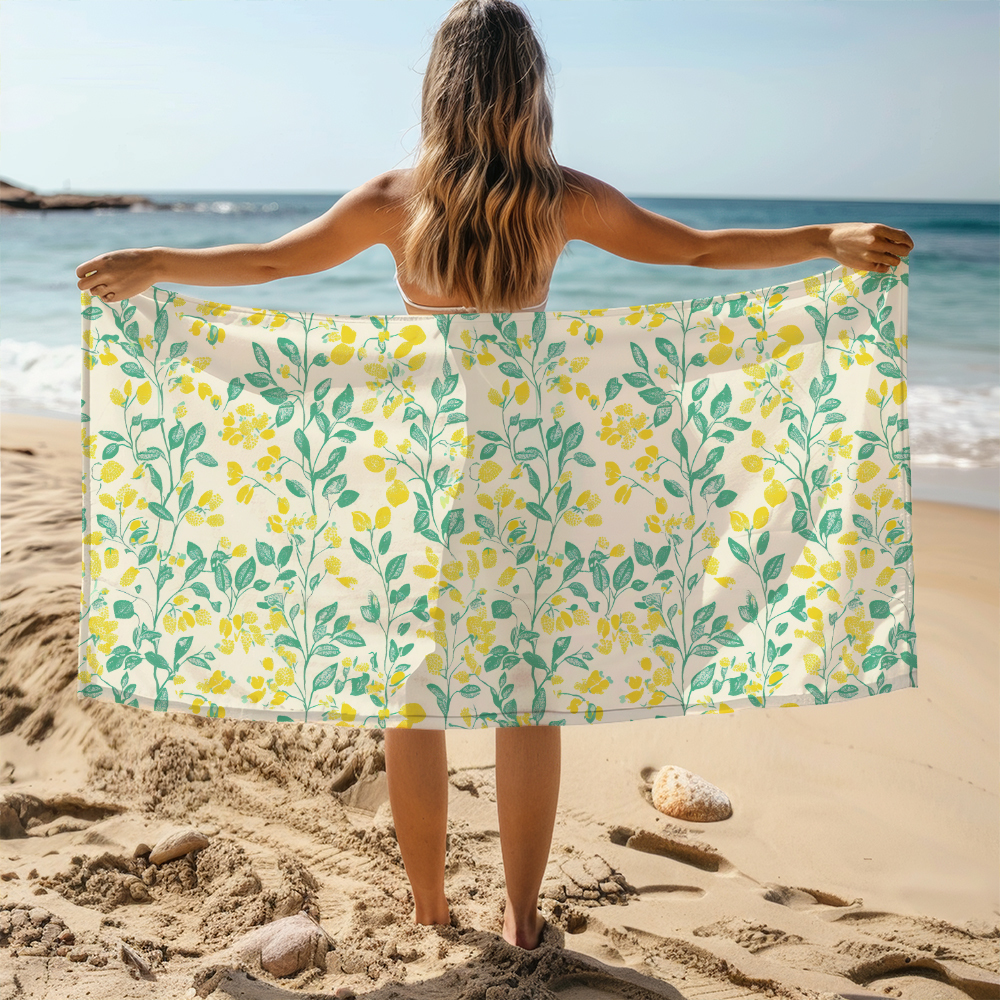 Beach Towel – Lemon Yellow Floral on Cream Background Print