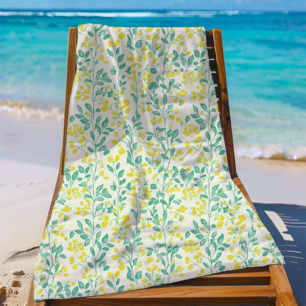 Beach Towel – Lemon Yellow Floral on Cream Background Print