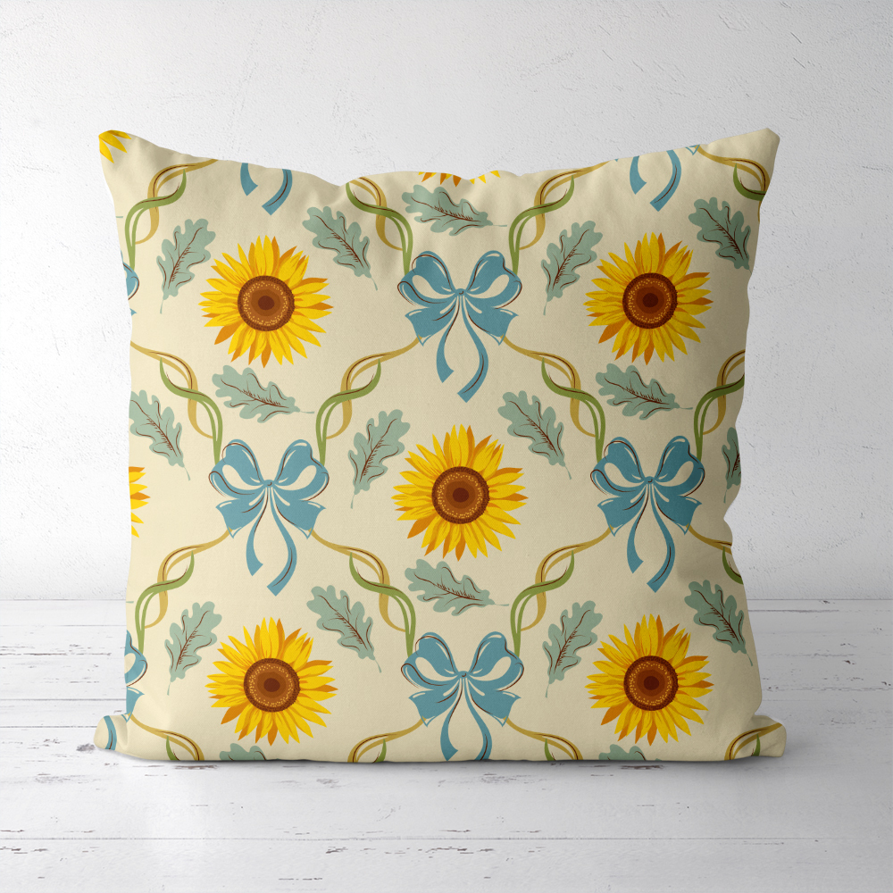 Throw Pillow – Vintage Sunflower with Blue Bows, Ribbons, and Green Leaves