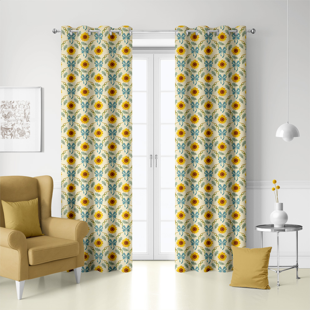 Curtain – Vintage Sunflower with Blue Bows, Ribbons, and Green Leaves