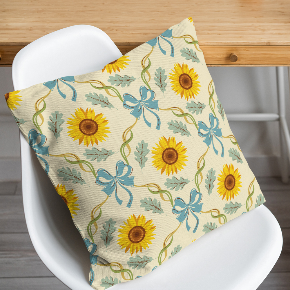 Throw Pillow – Vintage Sunflower with Blue Bows, Ribbons, and Green Leaves