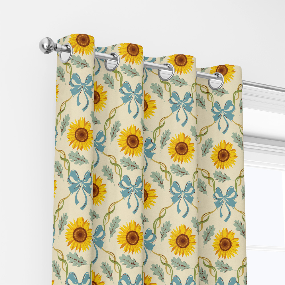 Curtain – Vintage Sunflower with Blue Bows, Ribbons, and Green Leaves