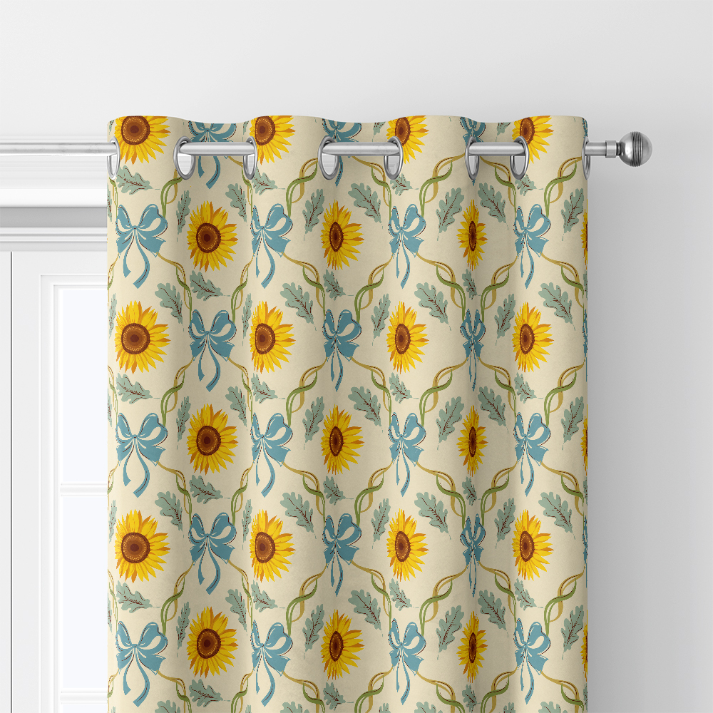Curtain – Vintage Sunflower with Blue Bows, Ribbons, and Green Leaves