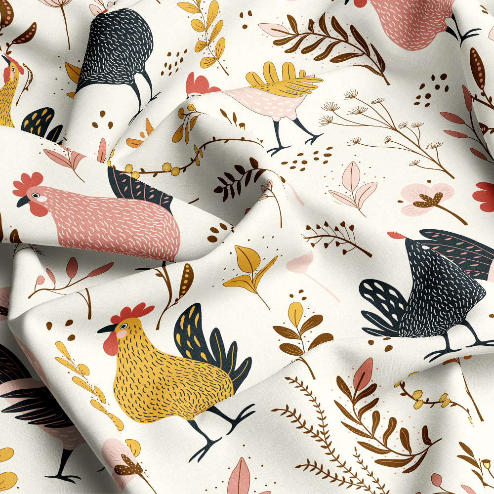 Hand - Painted Cute Chickens and Plants | Custom Print Fabric - LYCK001