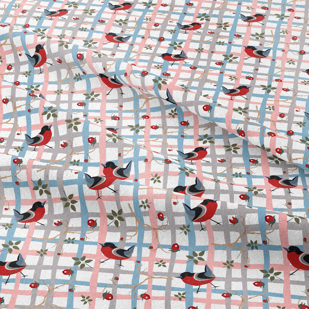 Funny Little Red Bullfinch Bird On a Hand - drawn Grid Seamless Pattern - Custom Print Fabrics