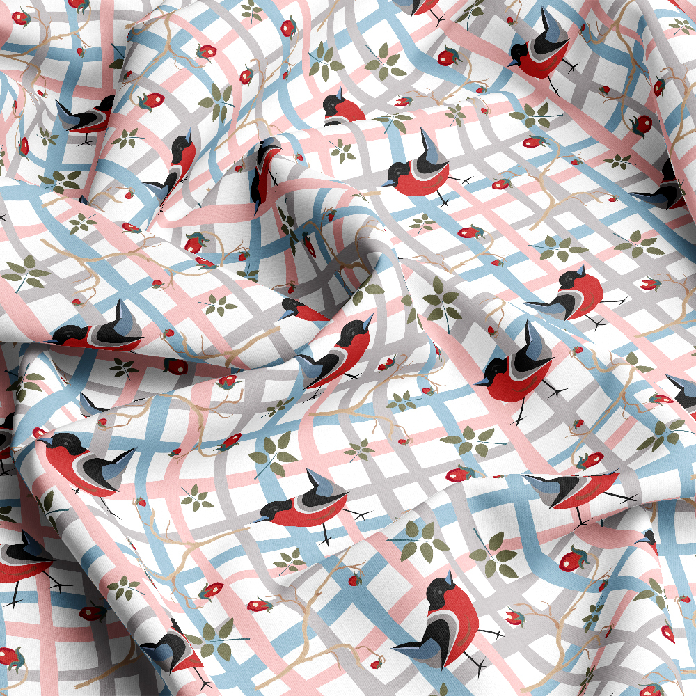 Funny Little Red Bullfinch Bird On a Hand - drawn Grid Seamless Pattern - Custom Print Fabrics