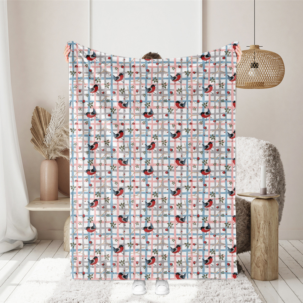 Funny Little Red Bullfinch Bird On a Hand - drawn Grid Seamless Pattern - Custom Print Fabrics
