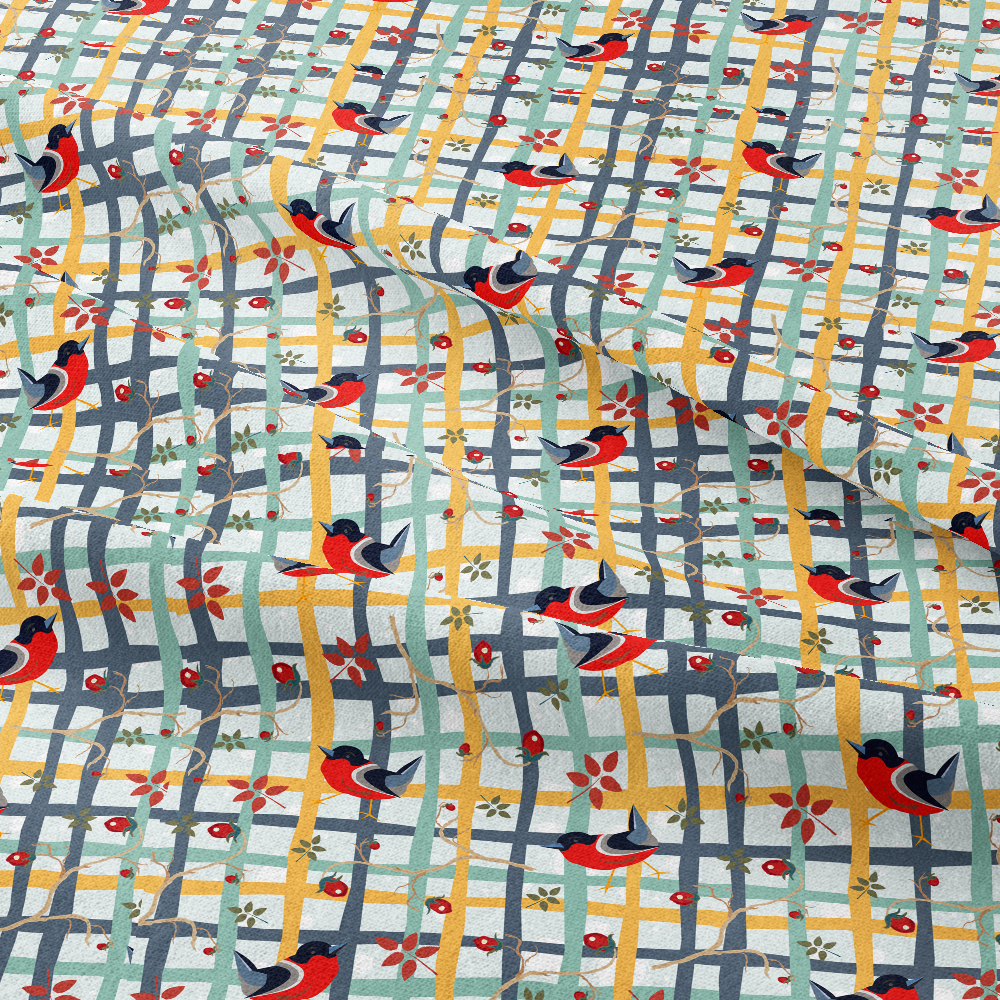 Seamless Pattern Funny Little Red Bullfinch Bird On a Hand - drawn Grid - Custom Print Fabrics