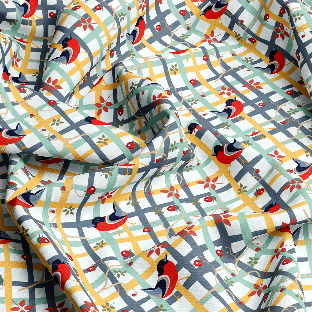 Seamless Pattern Funny Little Red Bullfinch Bird On a Hand - drawn Grid - Custom Print Fabrics