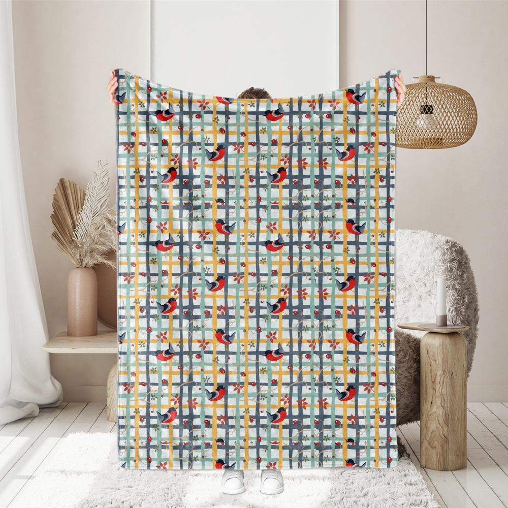 Seamless Pattern Funny Little Red Bullfinch Bird On a Hand - drawn Grid - Custom Print Fabrics