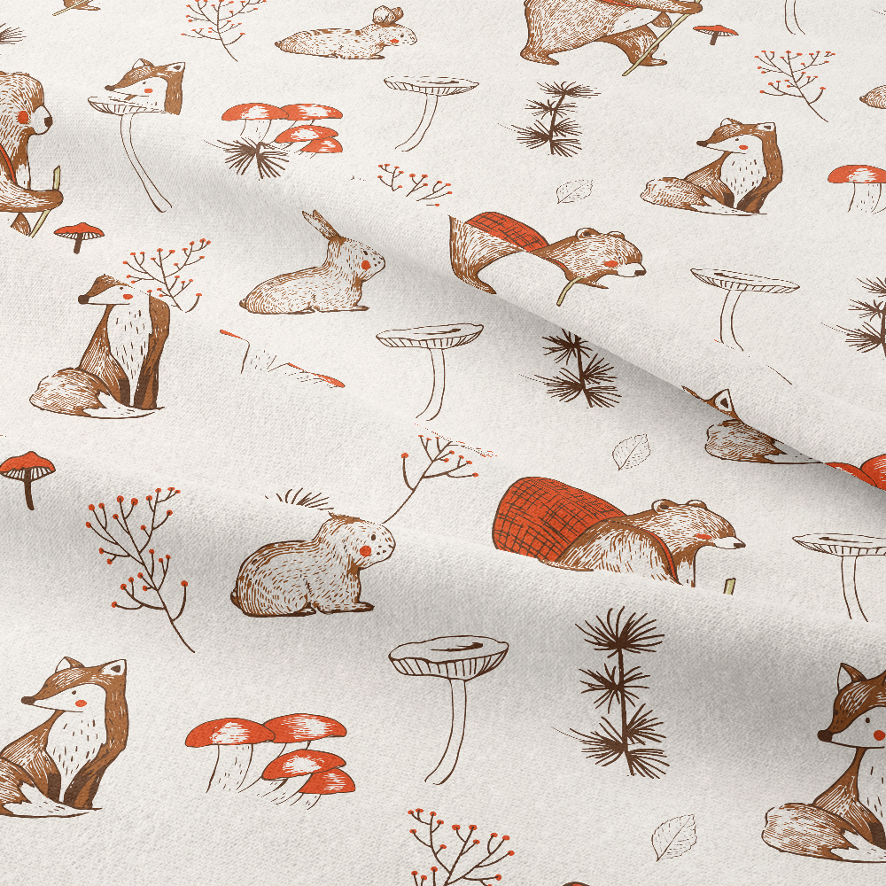 Hand-painted Bear Rabbit Fox PlantS Vintage Style Fabric - Custom Print Fabrics