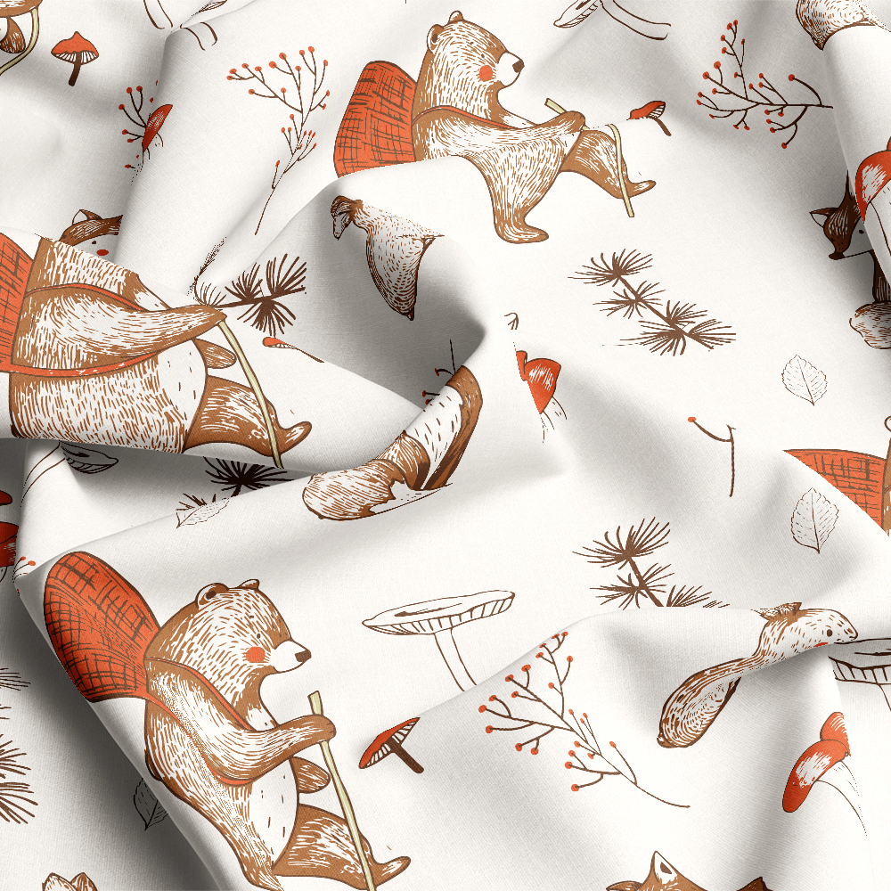 Hand-painted Bear Rabbit Fox PlantS Vintage Style Fabric - Custom Print Fabrics
