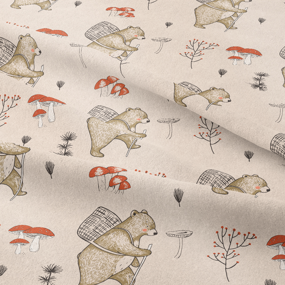 Hand - Painted Bears And Mushrooms Carrying Baskets Vintage Seamless Pattern - Custom Print Fabrics