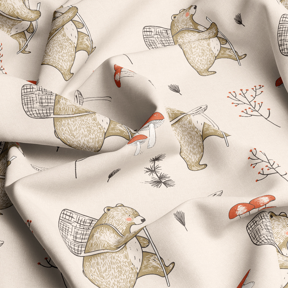 Hand - Painted Bears And Mushrooms Carrying Baskets Vintage Seamless Pattern - Custom Print Fabrics
