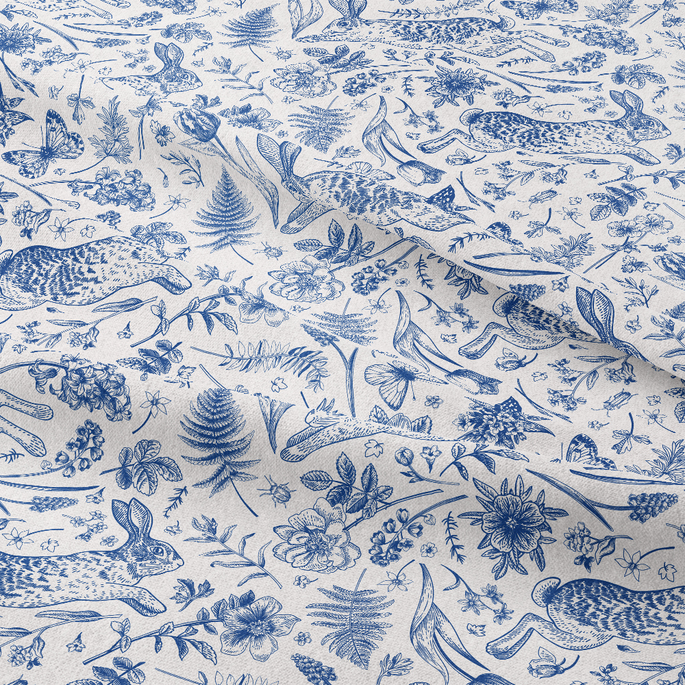 Rabbits And Plants Hand - Painted Blue Seamless Pattern - Custom Print Fabrics