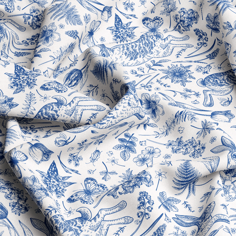 Rabbits And Plants Hand - Painted Blue Seamless Pattern - Custom Print Fabrics