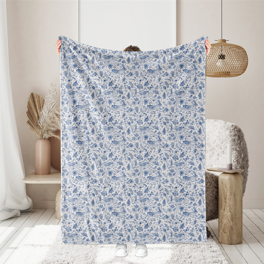 Rabbits And Plants Hand - Painted Blue Seamless Pattern - Custom Print Fabrics