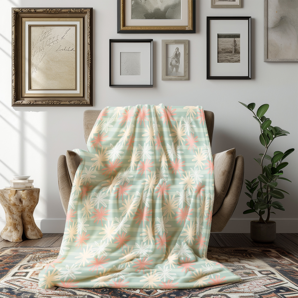 Throw Blanket – Chic Parisian Interior Design Striped Pattern with Floral Motif
