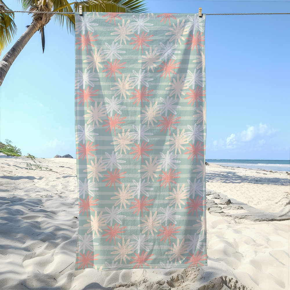 Beach Towel – French Riviera Chamomile Silhouette on Classical Stripes