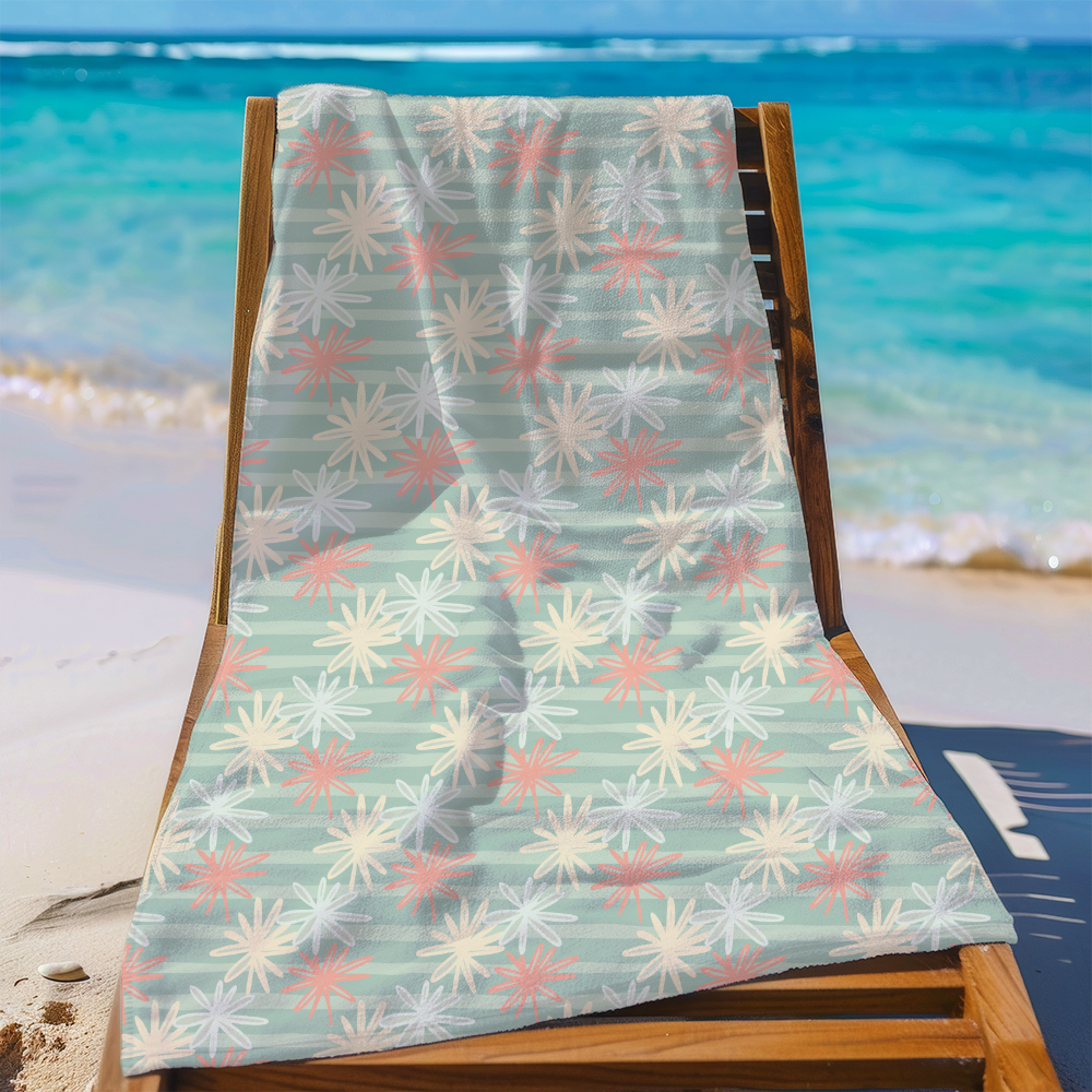Beach Towel – French Riviera Chamomile Silhouette on Classical Stripes