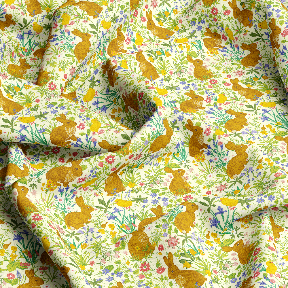 Vintage Meadow Flower and Bunny Pattern – Custom Print Fabrics
