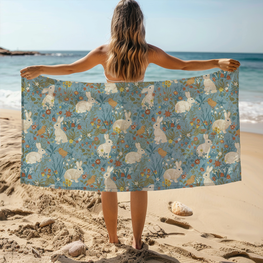 Beach Towel – Whimsical Blue Fairy Tale Garden with Cuddly White Bunnies