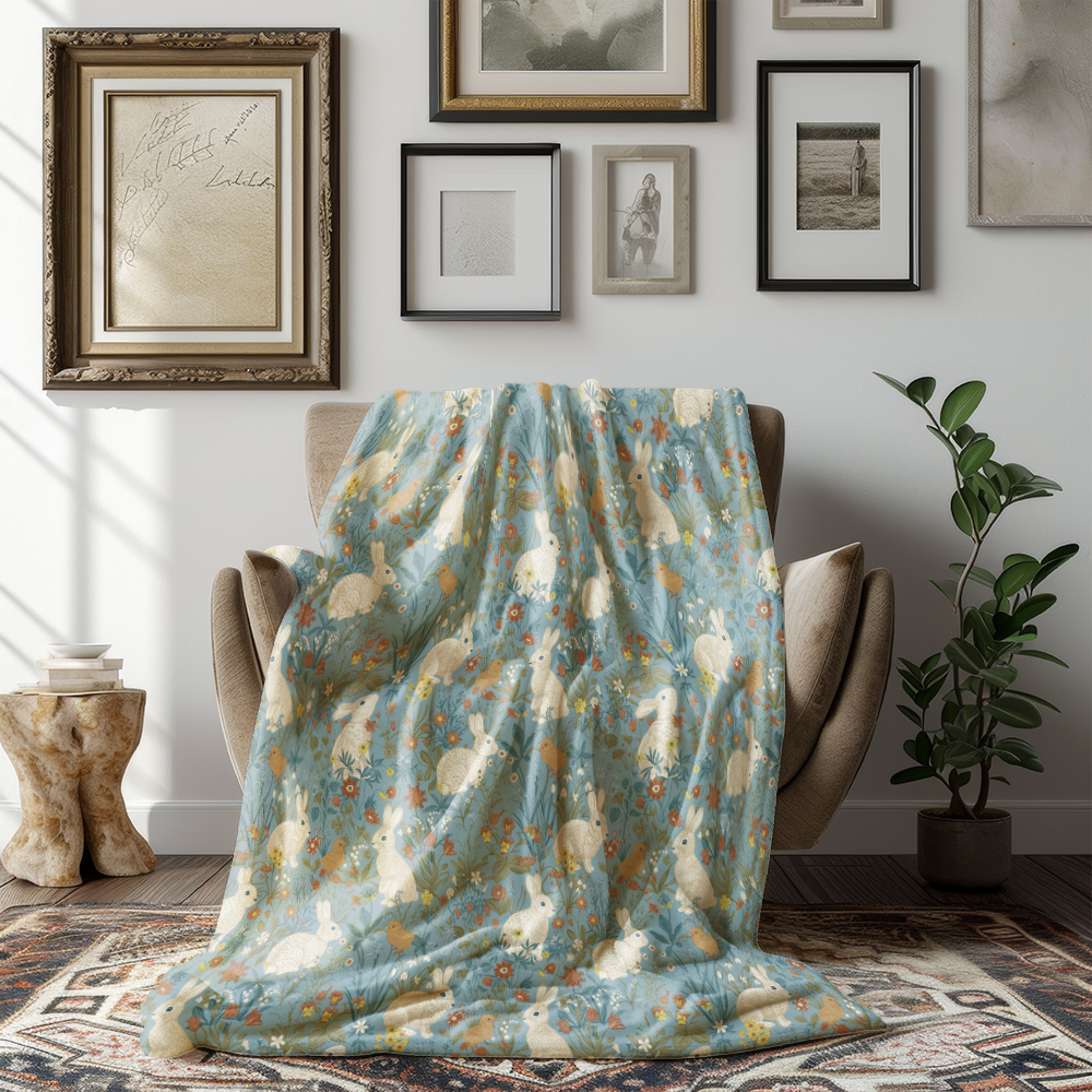 Throw Blanket – Enchanted Evening Blooms and White Bunnies on Indigo Background