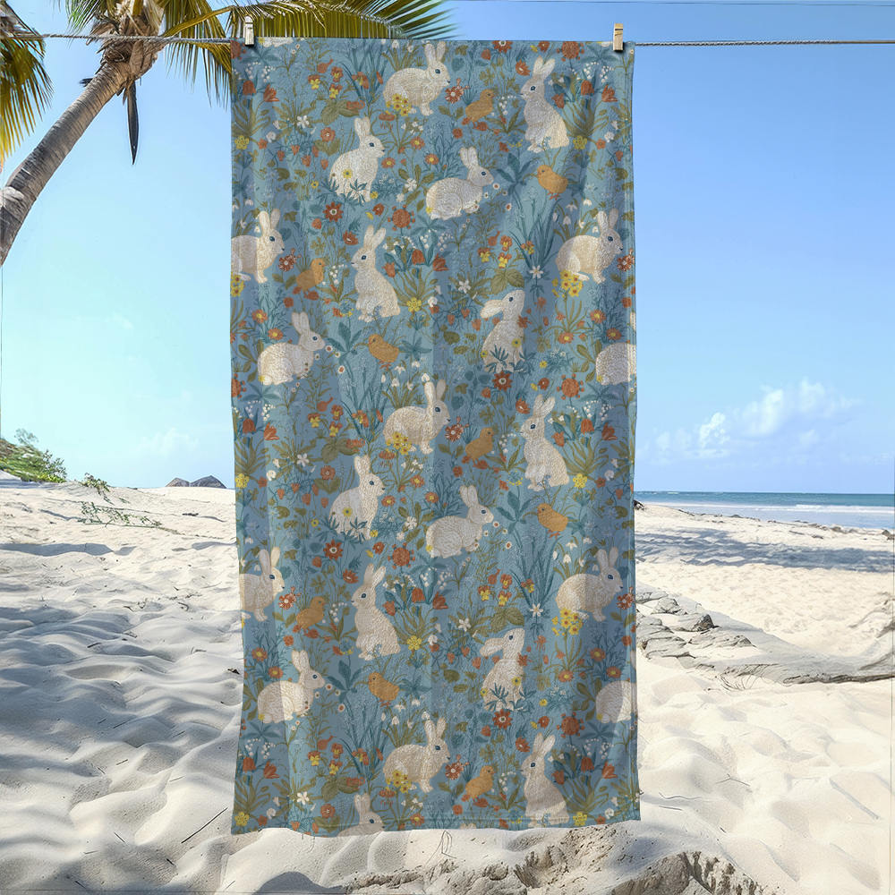 Beach Towel – Whimsical Blue Fairy Tale Garden with Cuddly White Bunnies