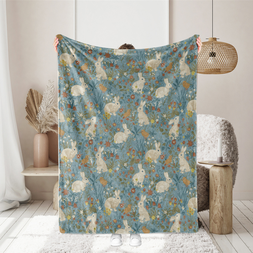 Throw Blanket – Enchanted Evening Blooms and White Bunnies on Indigo Background