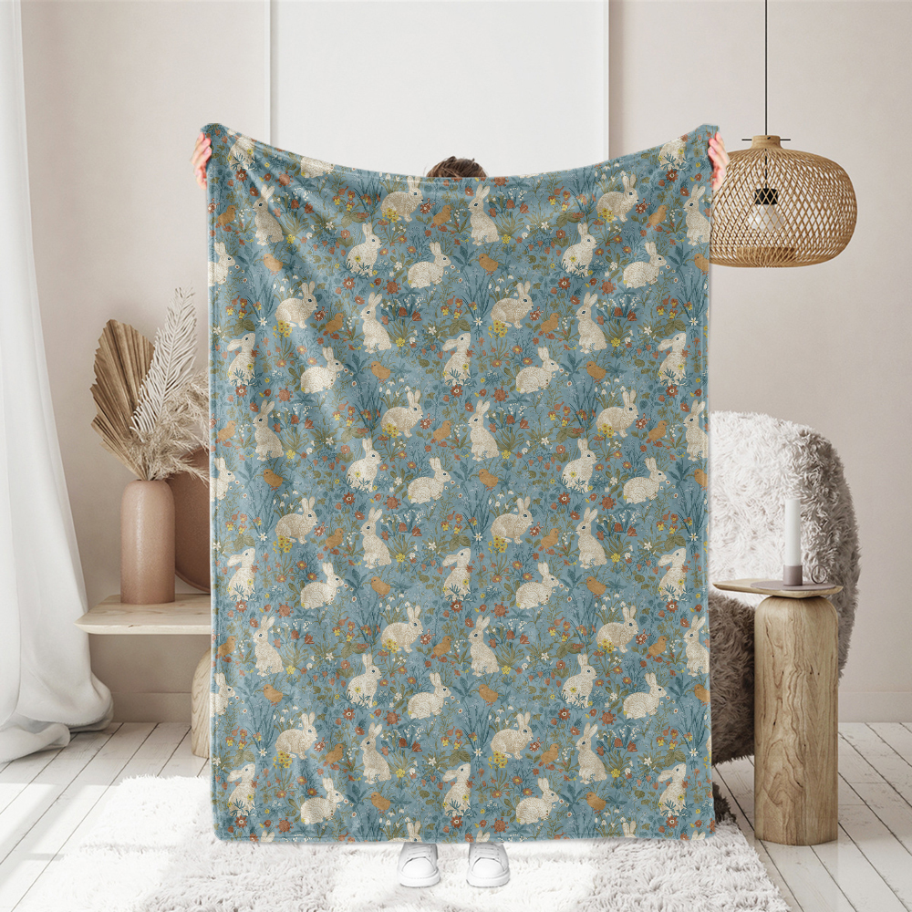 Vintage Bunny and Blue Botanical Pattern – Custom Print Fabrics