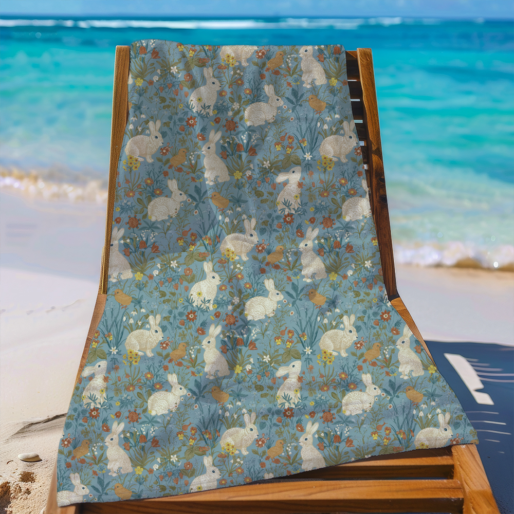 Beach Towel – Whimsical Blue Fairy Tale Garden with Cuddly White Bunnies