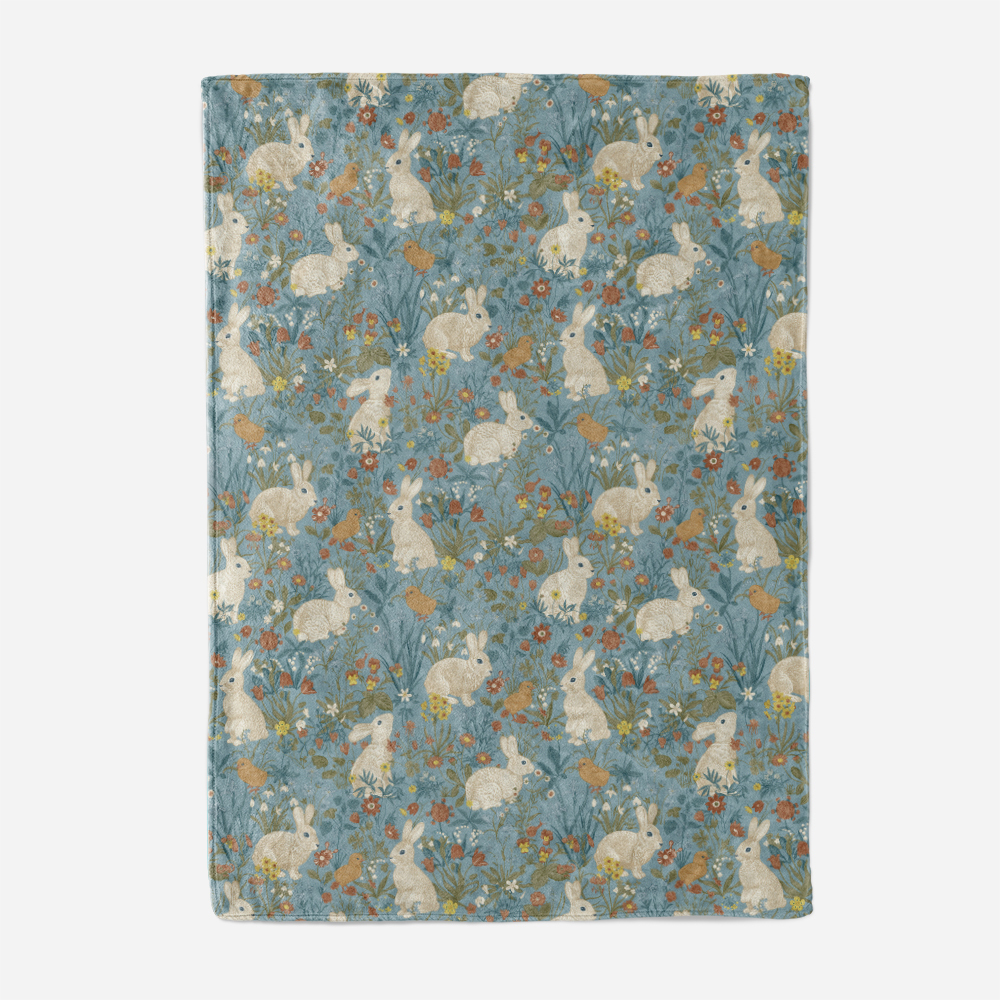 Throw Blanket – Enchanted Evening Blooms and White Bunnies on Indigo Background