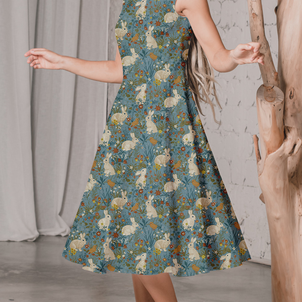 Vintage Bunny and Blue Botanical Pattern – Custom Print Fabrics