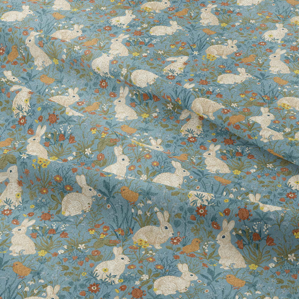 Vintage Bunny and Blue Botanical Pattern – Custom Print Fabrics