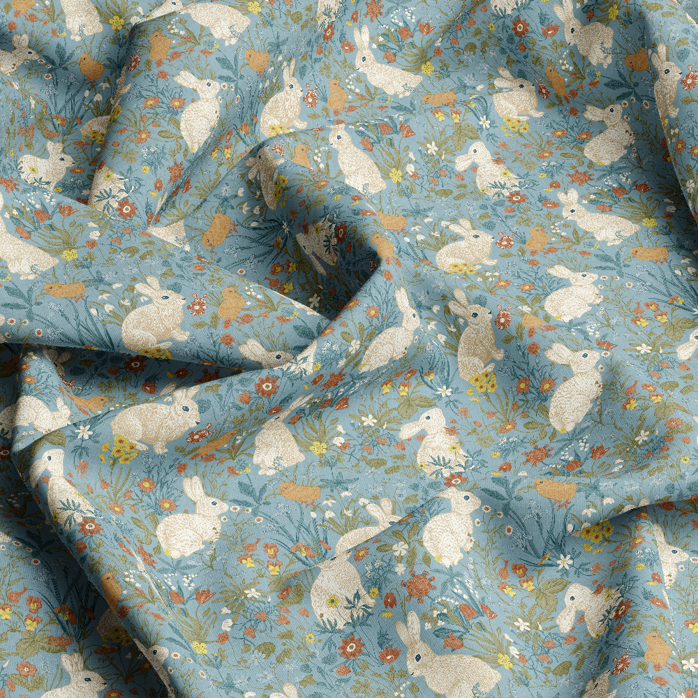 Vintage Bunny and Blue Botanical Pattern – Custom Print Fabrics