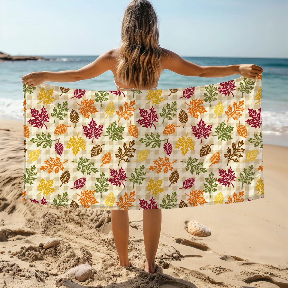 Beach Towel – Sun Drenched Fall Leaves on Classic Cream Plaid Background
